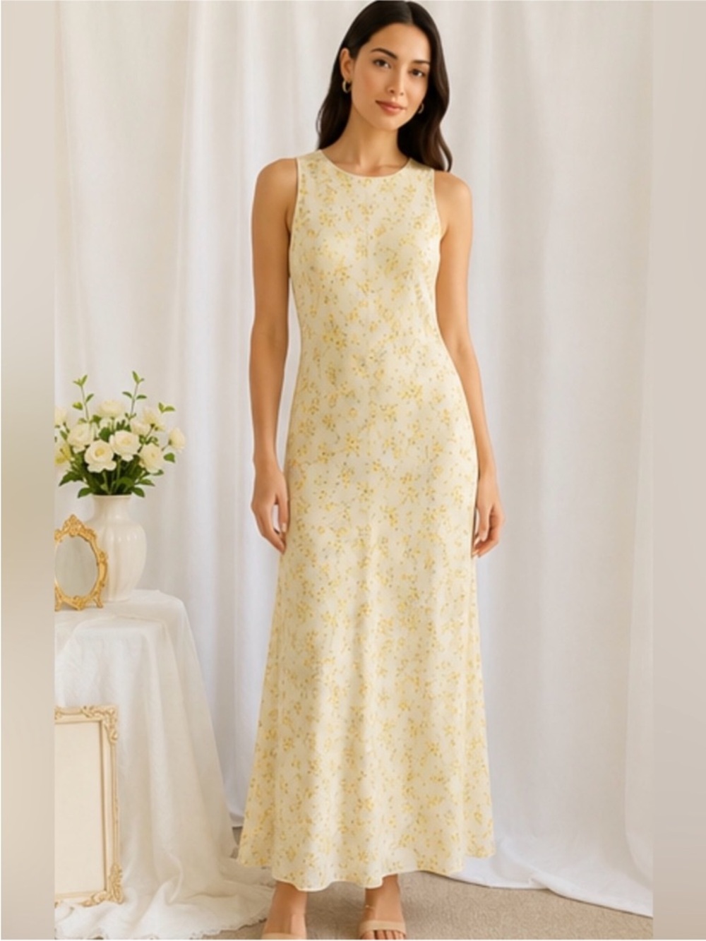 Christian Lacroix Pale Yellow Floral Sleeveless Maxi Dress Size Large
